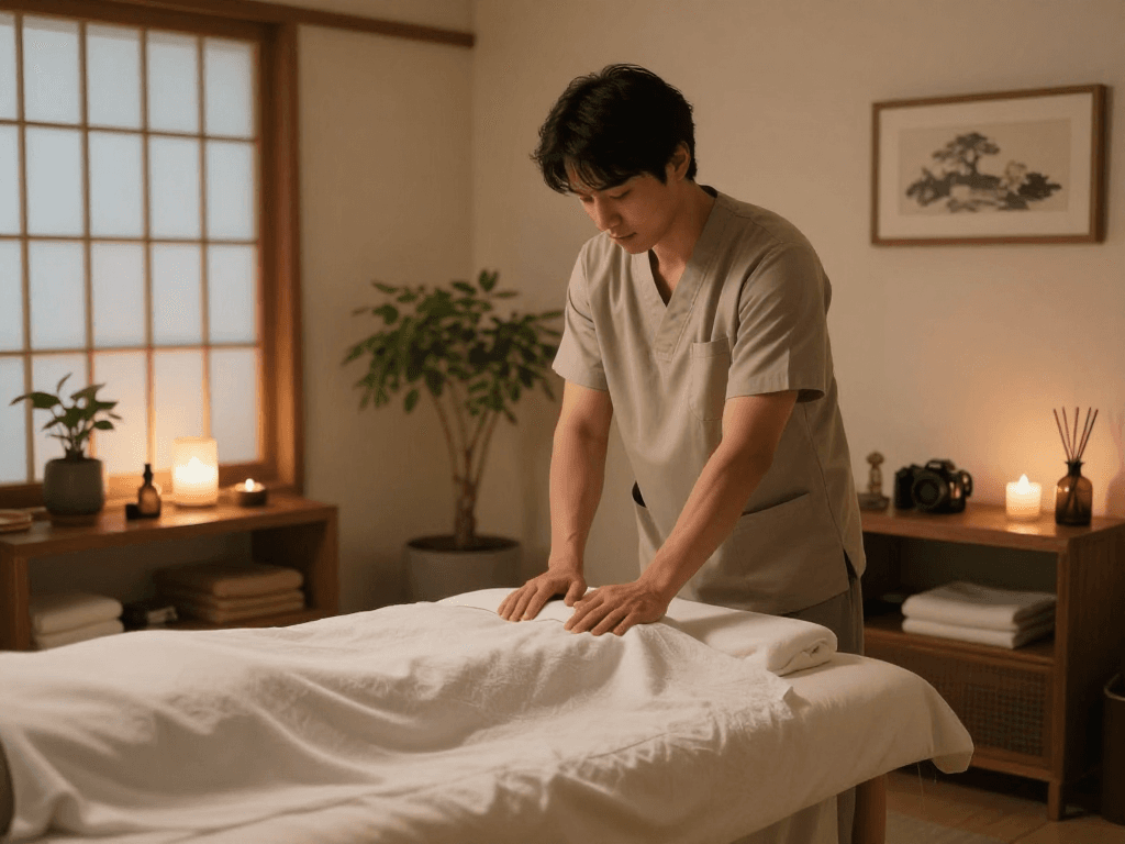 제주마사지 세션을 준비하는 남성 관리사와 아늑한 마사지 공간