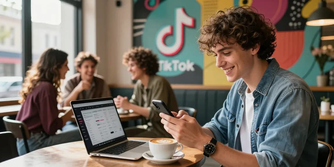 カフェでスマホを操作しながらSNS王子を使ってTikTok外国人フォロワーを獲得する若者の姿