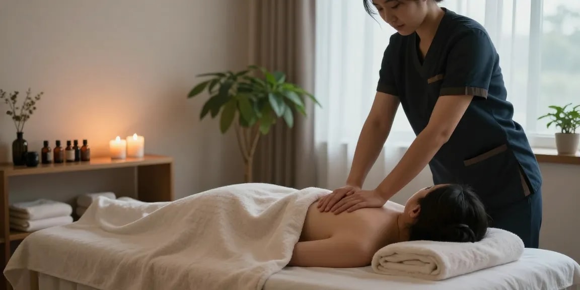 Relaxing 성남출장마사지 session in tranquil wellness space with soothing elements.