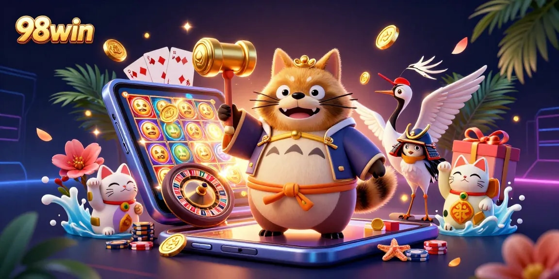 Participate in exciting casino action with vibrant 98win characters, showcasing thrilling gambling elements.