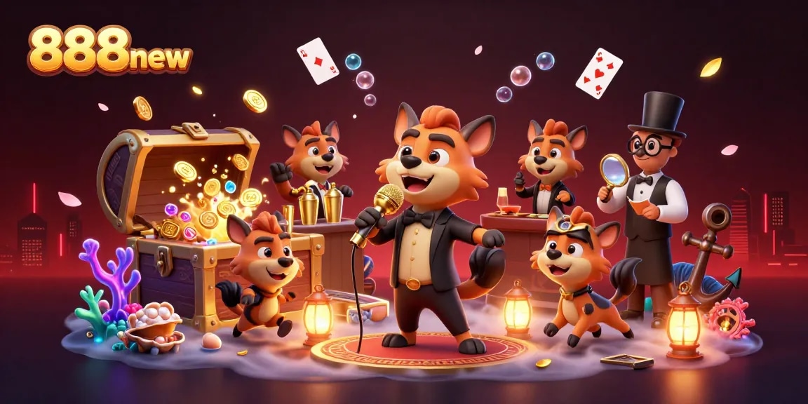A dynamic casino scene featuring 888new's hyena characters engaged in gambling activities with vibrant visuals and interactive elements that capture the excitement of the casino atmosphere.