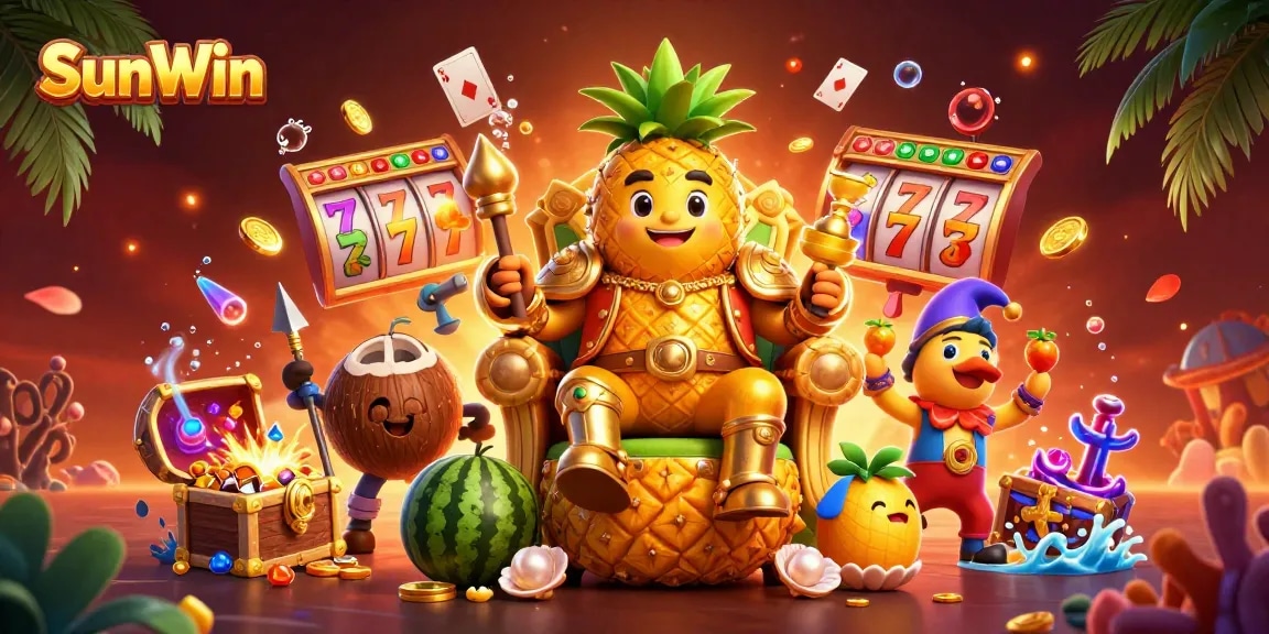 Spin the reels at SunWin with golden treasures amidst a vibrant casino atmosphere.