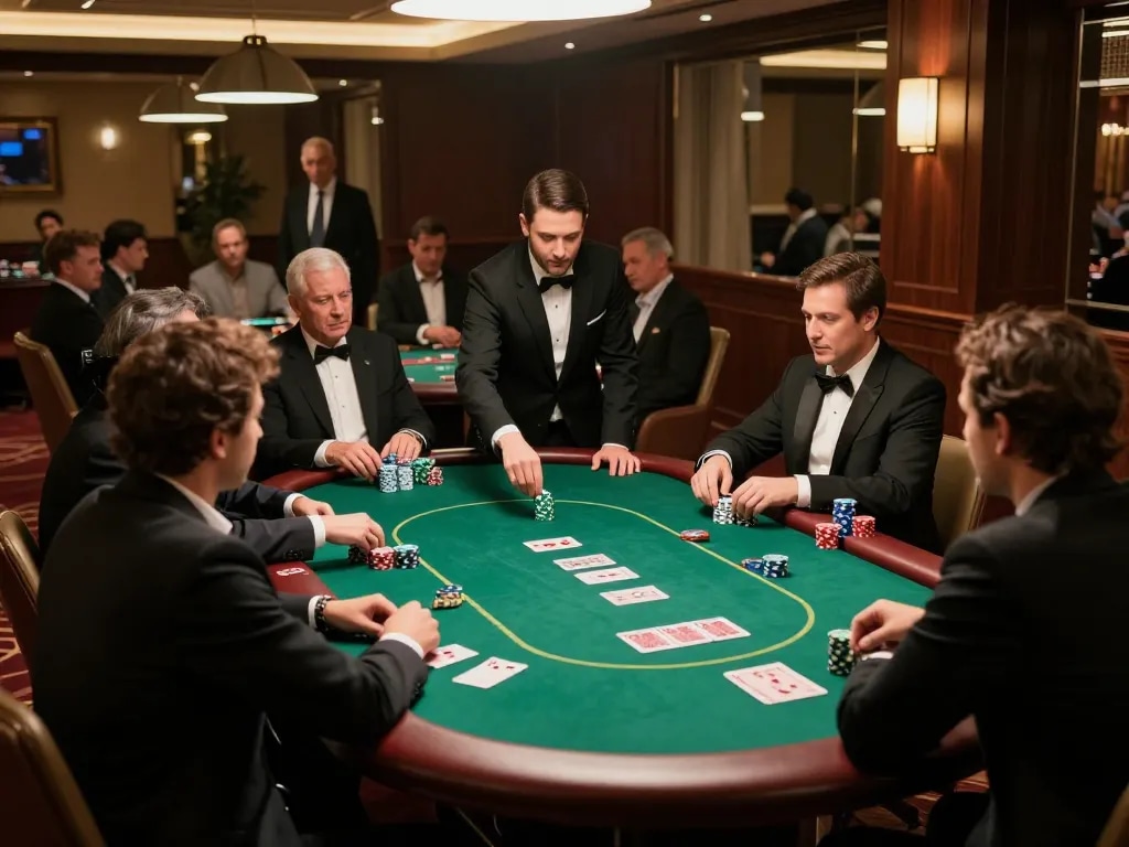 Players engage in a dynamic poker game at LLWIN's luxurious casino, showcasing high-stakes action and strategy