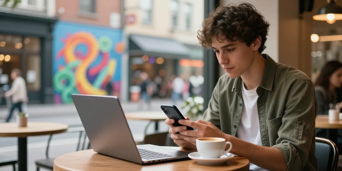 フォロワー購入を検討する若者がカフェでスマートフォンを使うシーン