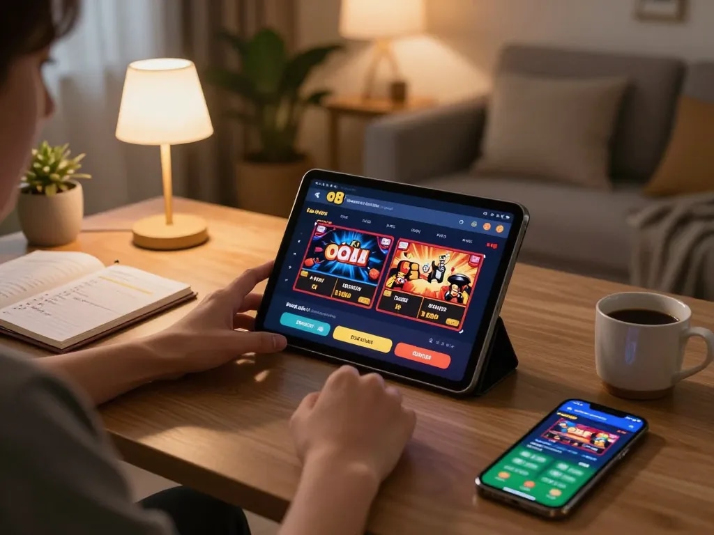 Engaging with link vào o8 on a tablet during online gambling from a cozy home setup.