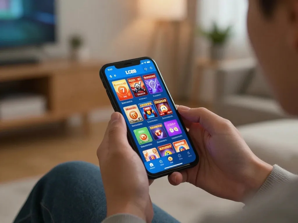Player using the LC88 app for online casino games, showcasing strategic gameplay in a cozy home setting