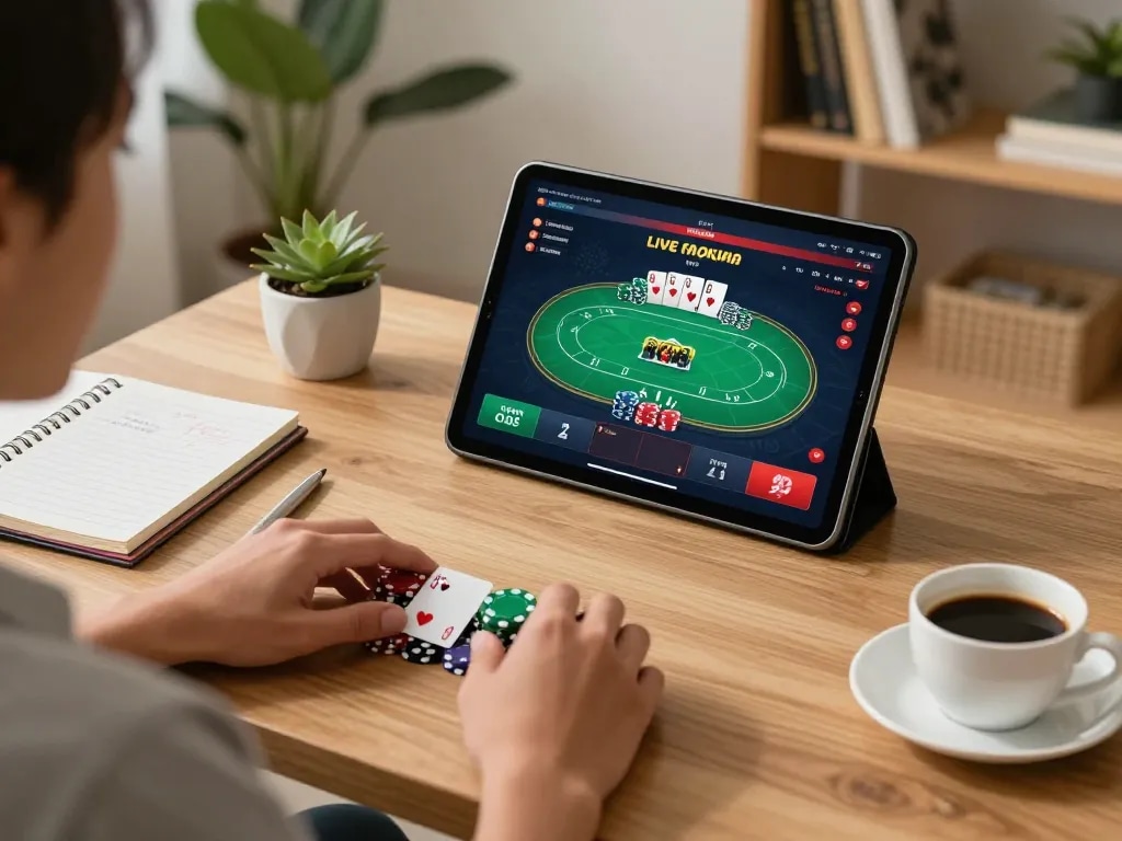 A player engaging in F168 online gaming strategy session using a tablet in a cozy home setting.