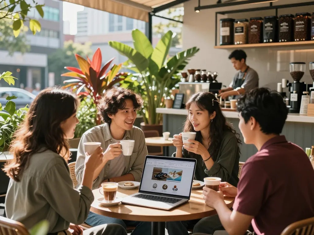 엔터테인먼트 옵션을 탐색하며 카페에서 사회적 활동을 하는 모습.