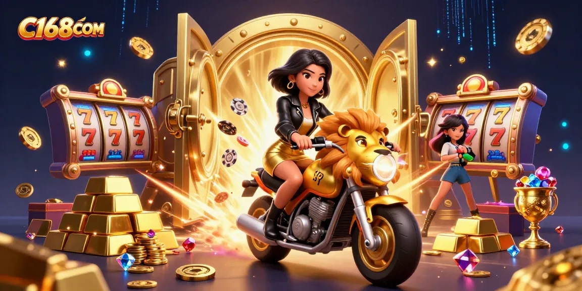 C168COM spins exciting slot games, showcasing a glamorous woman riding a golden lion with vibrant casino elements.