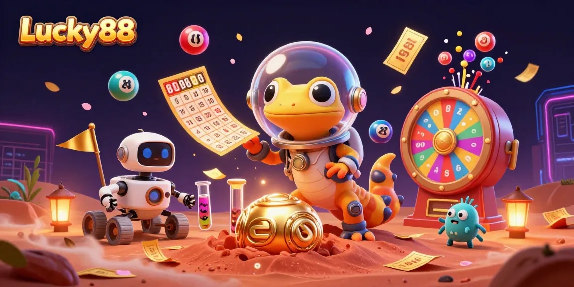 Experience thrill at Lucky88 with Martian gecko exploring vibrant casino treasures.