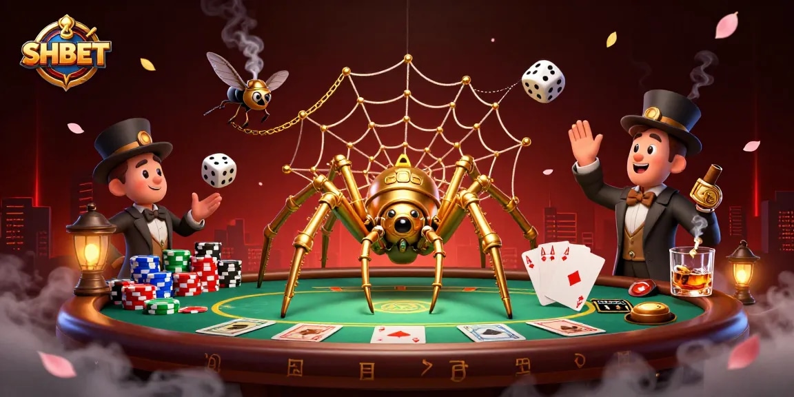 Experience the thrill of SHBET with a steampunk spider and poker elements in a vibrant casino scene.