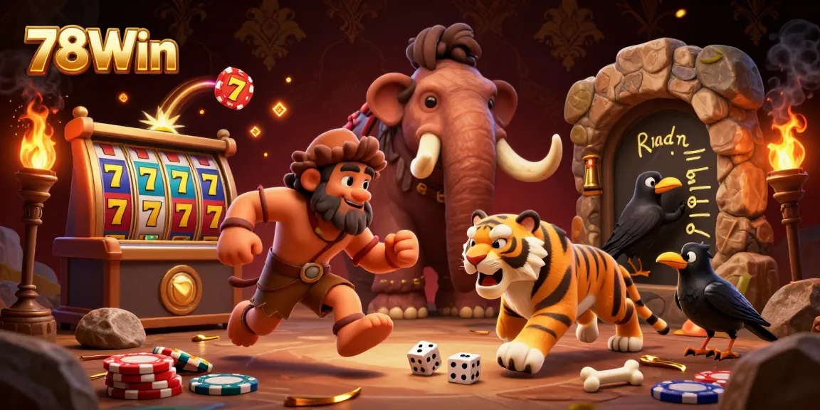 Join the fun at 78Win's prehistoric casino with cavemen, sabertooth tiger, and lively slots!