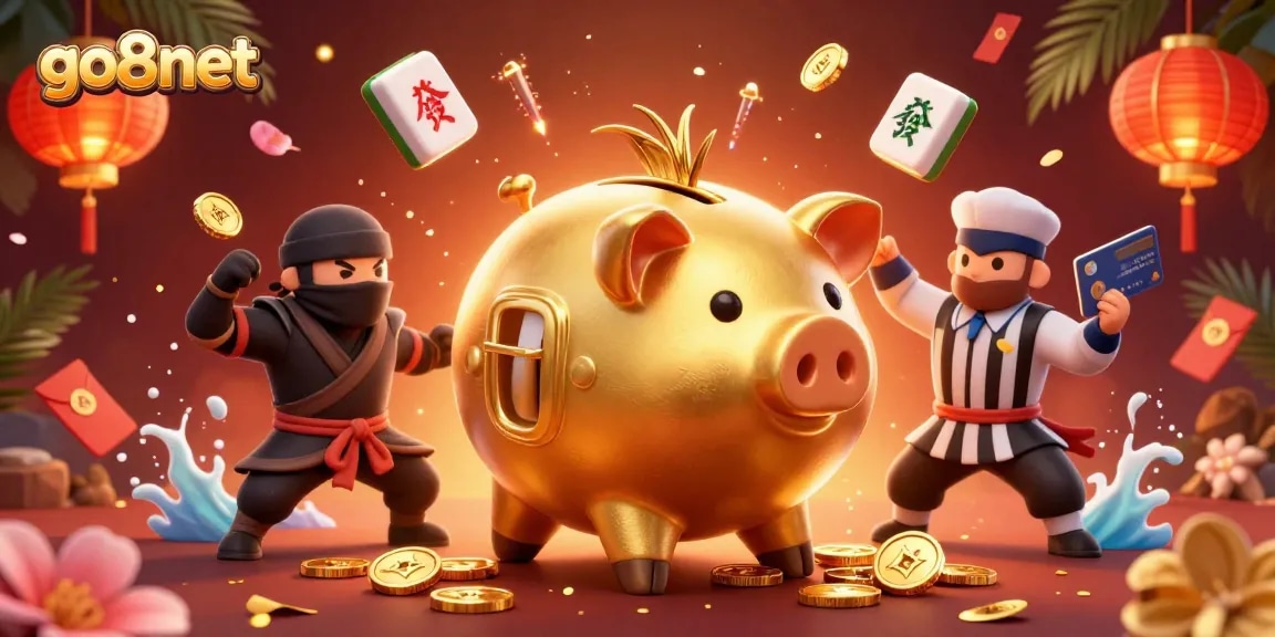 Experience thrilling wins at go8net with a dynamic 3D golden piggy bank sumo wrestler amidst action-packed casino elements.