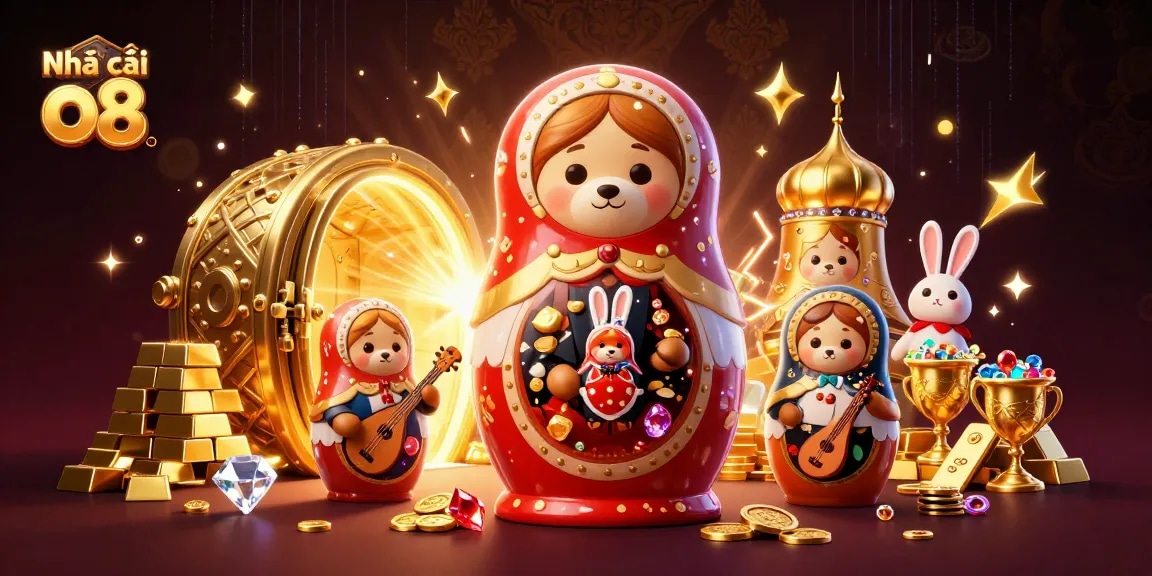 Engage with Nhà cái o8's vibrant casino scene filled with gold bars and playful characters.