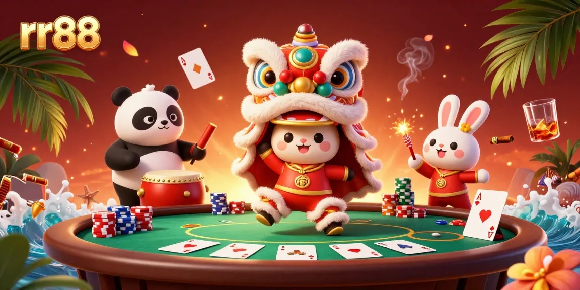 Join the rr88 excitement with vibrant casino-themed lions and panda on a poker table.