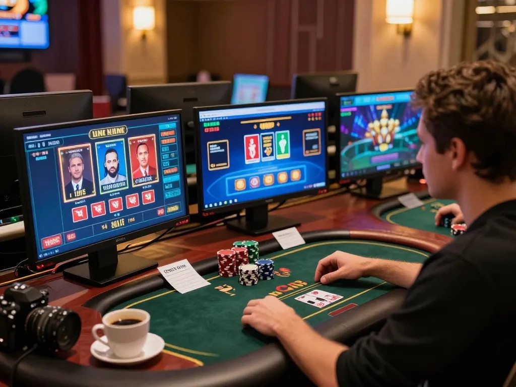 Engaged player enjoying top game bài đổi thưởng on multiple screens, showcasing strategic online gambling.