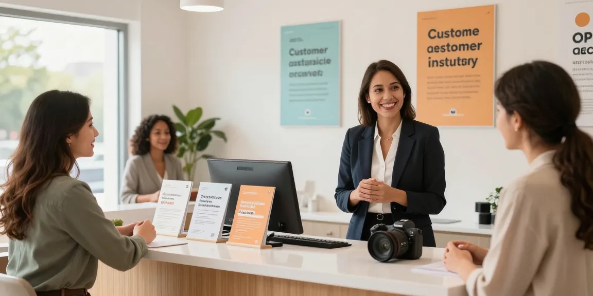 Friendly consultant at the op guide service desk showcasing affordable options with satisfied customers highlighted.