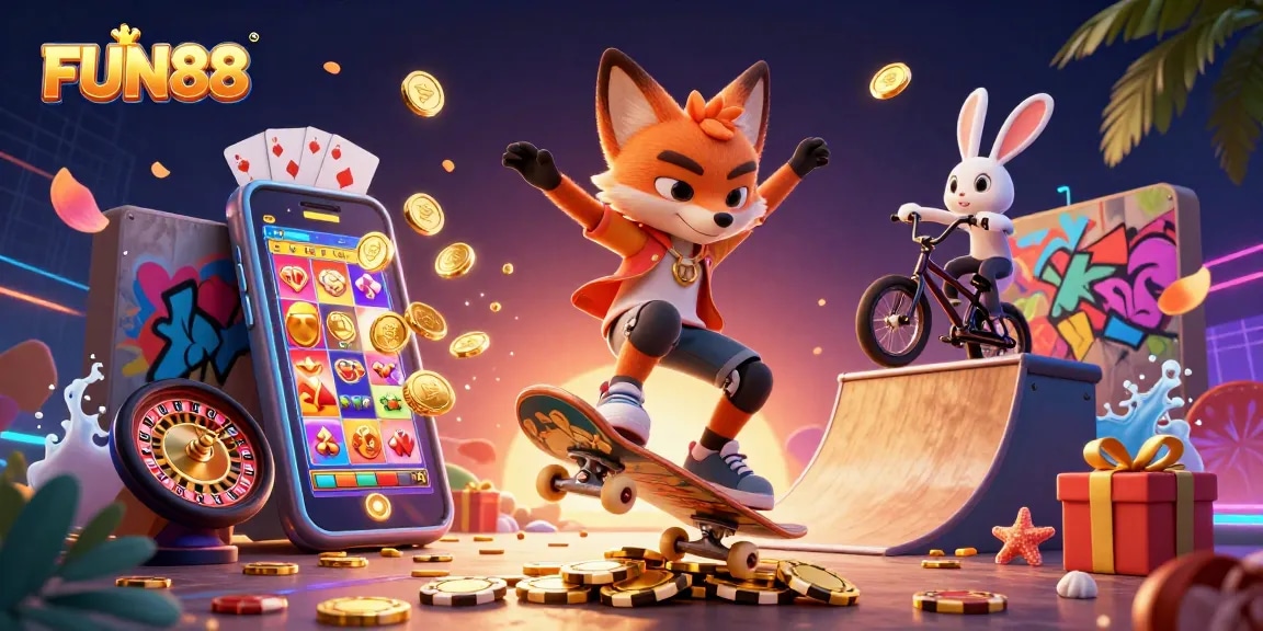 Experience the excitement of FUN88 with dynamic casino games and vibrant characters in a thrilling 3D scene.