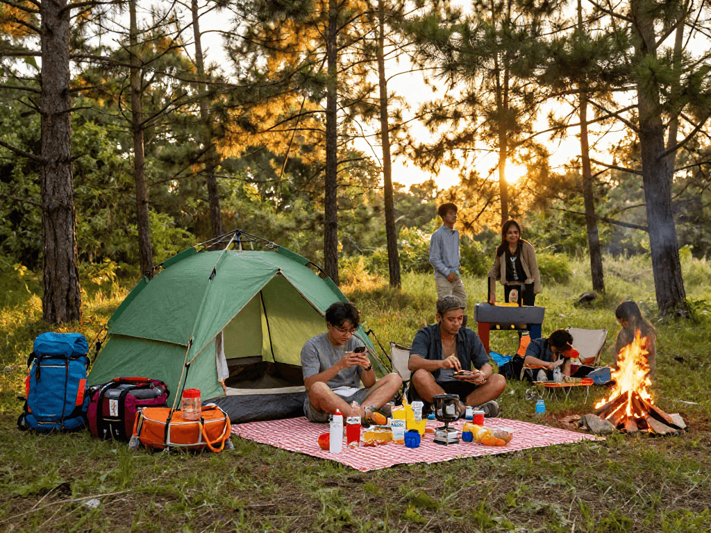 Friends camping in a forest at sunset, checking rokok88 login on smartphone, vibrant outdoor gear.