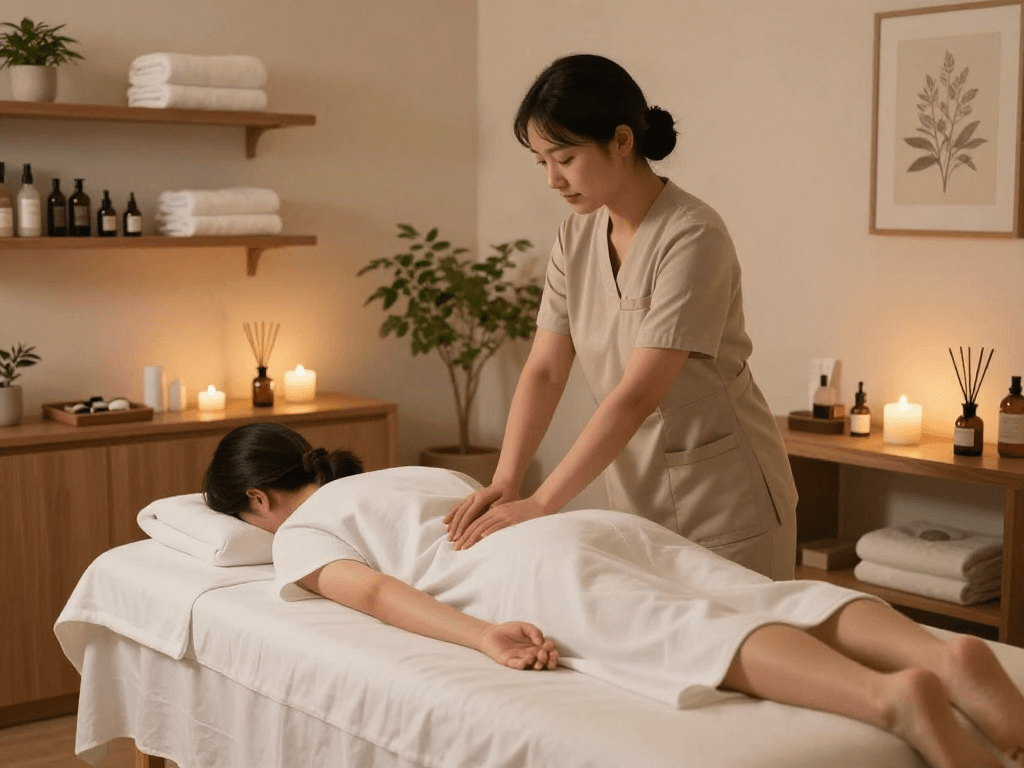 Relaxing 강서구출장마사지 session in an elegant wellness spa showcasing soothing therapy elements.