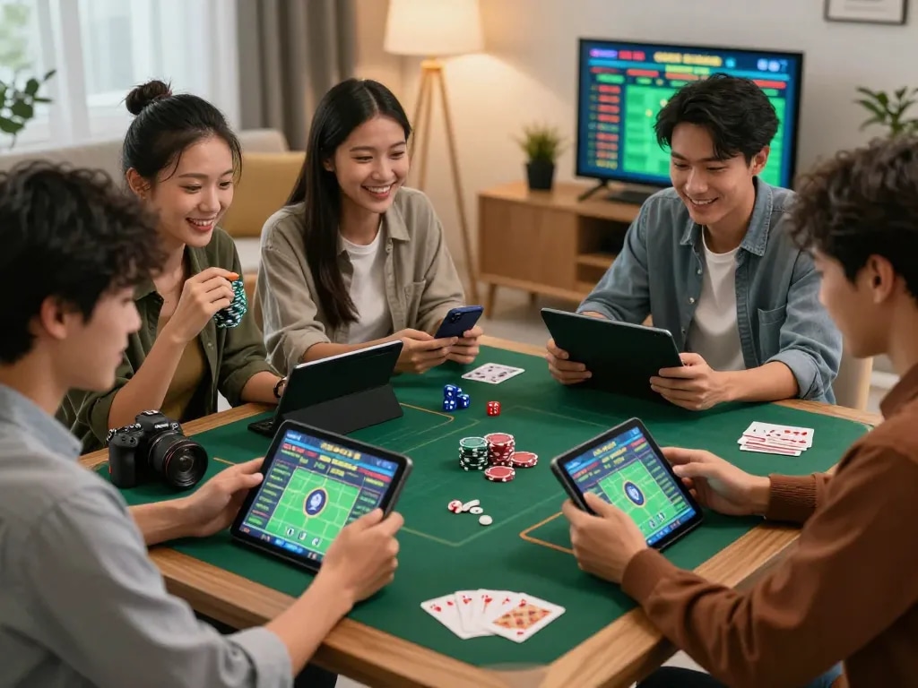 친구들과 함께 온라인 스포츠 베팅을 즐기는 안전한 배팅 장면, 안전놀이터에 초점을 맞춤