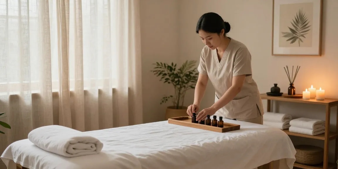 진주마사지 전문 스튜디오에서 아로마 오일을 준비하는 마사지사.