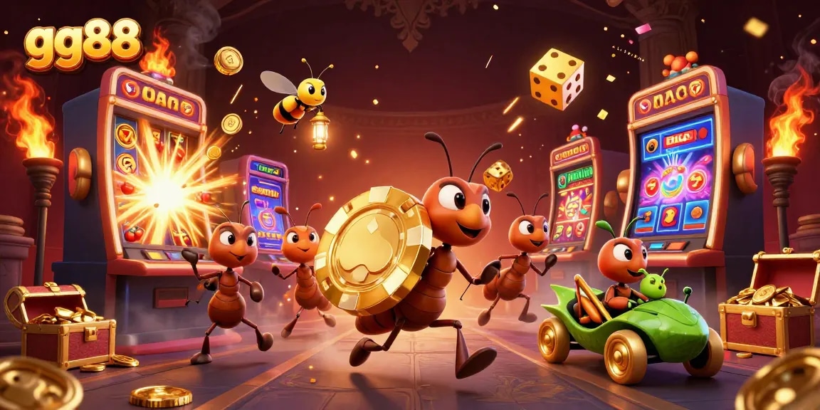 Experience thrilling wins at gg88 with a dynamic 3D scene of ants on a gambling heist.