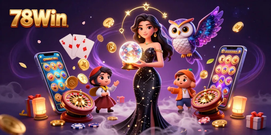 Engage with 78Win on a vibrant 3D casino scene filled with slots and mystical elements.