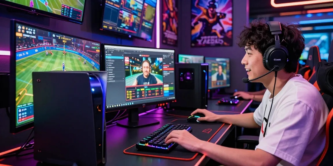 Engaging gaming scene with professional streamer showcasing go99's vibrant casino and sports betting experiences in a dynamic online setup.