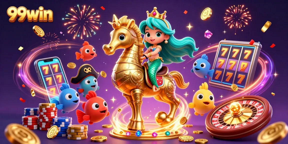 Experience the thrill with 99win as the mermaid princess rides a seahorse amidst sparkling casino elements.