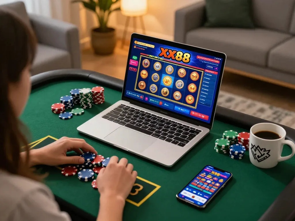 Engaging with the xx88 slot game interface on a laptop during a cozy home gaming session.