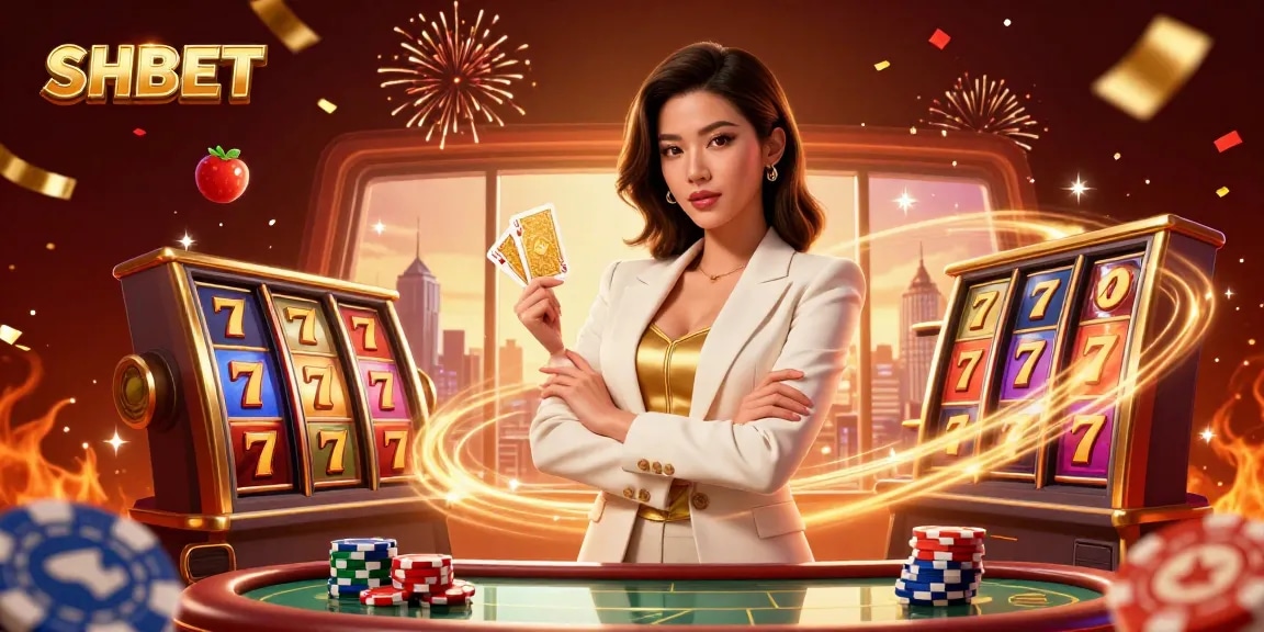Play exciting games at SHBET with a glamorous dealer amidst festive decorations and casino elements.