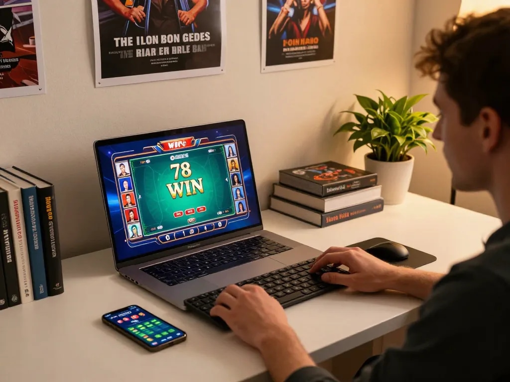 Engaging in thrilling 78 WIN online poker gameplay at home, showcasing vibrant action on laptop screen.