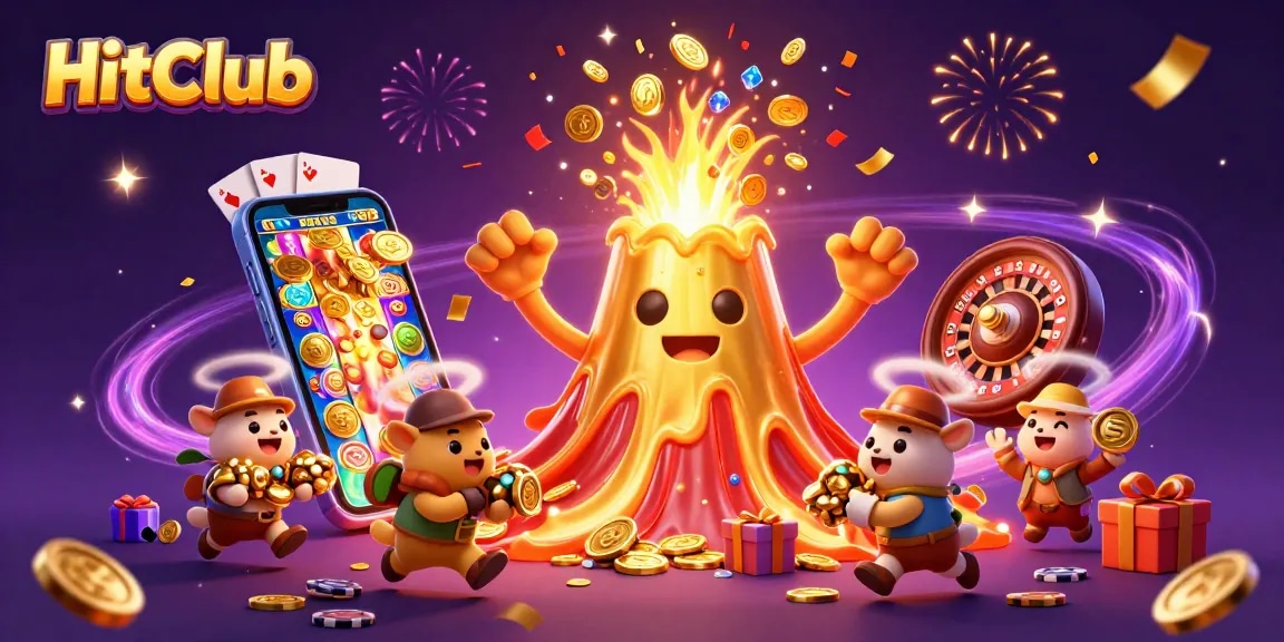 Players explore HitClub's vibrant casino with a golden volcano erupting treasure and lively games.