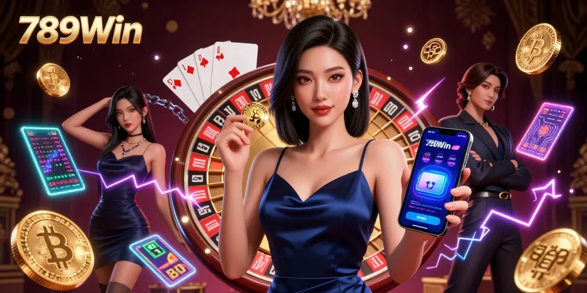 Engage in thrilling gameplay at 789Win, featuring a glamorous woman with a casino app.