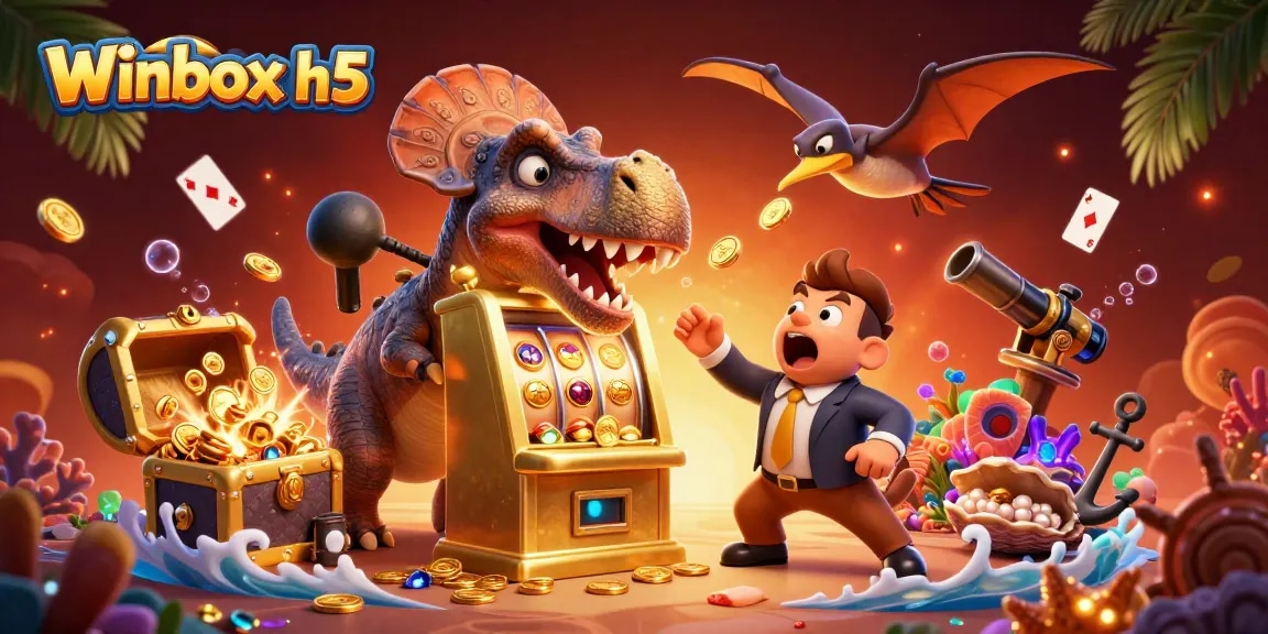 Experience thrilling wins with Winbox h5, as a dino interacts with a slot machine while gold coins fly!