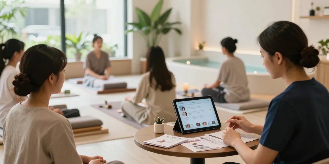 Engaging wellness consultation on 한국오피 services in a serene urban spa.