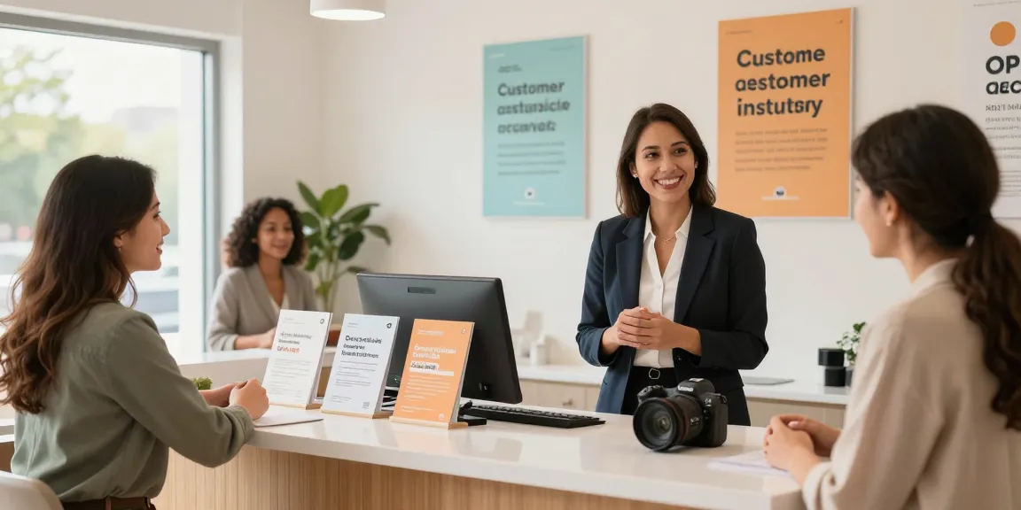 Friendly consultant at the op guide service desk showcasing affordable options with satisfied customers highlighted.