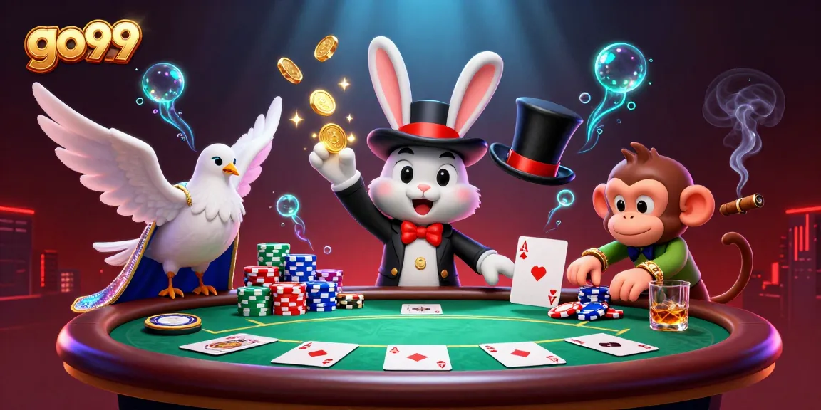 Engage in go99's thrilling gaming adventure with a magical scene highlighting poker action and rich casino elements.