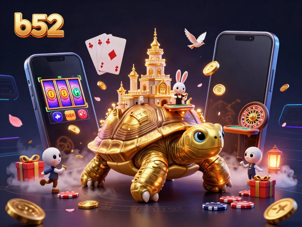 Engage with b52 at this lively casino scene featuring a golden tortoise casino and vibrant games.