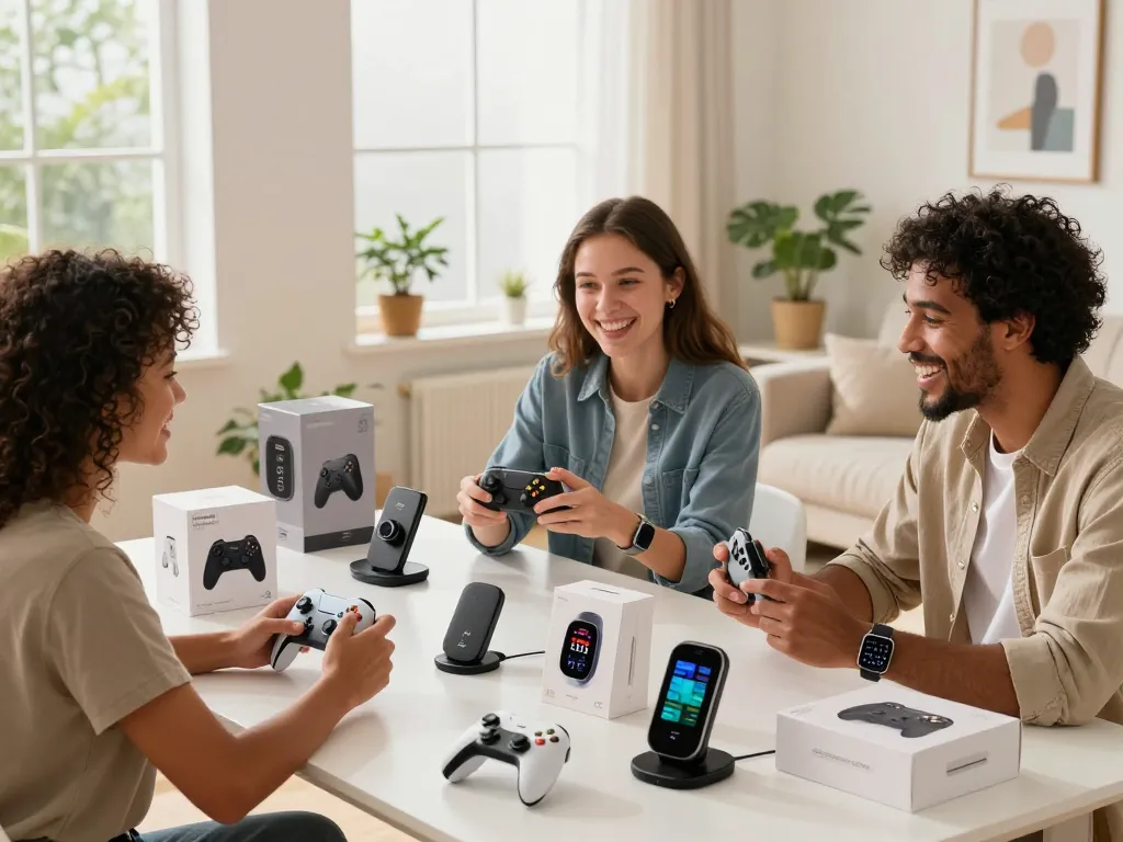 Tech enthusiasts testing the top 10 tech gadgets 2073 in a bright home office