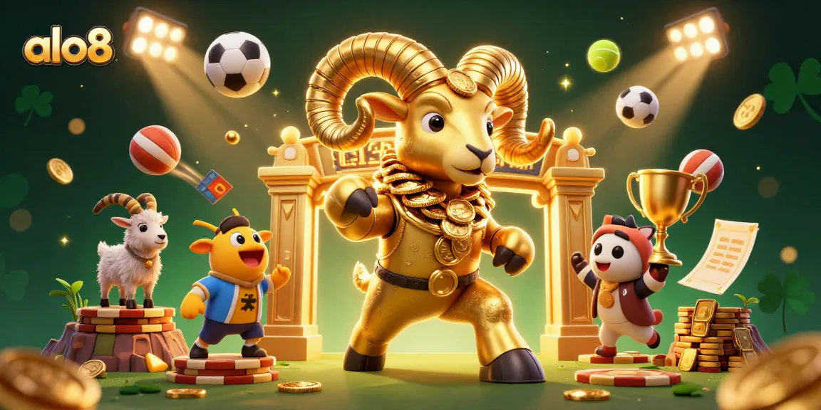 Experience exciting sports betting with alo8, featuring a dynamic golden ram and flying sports elements.
