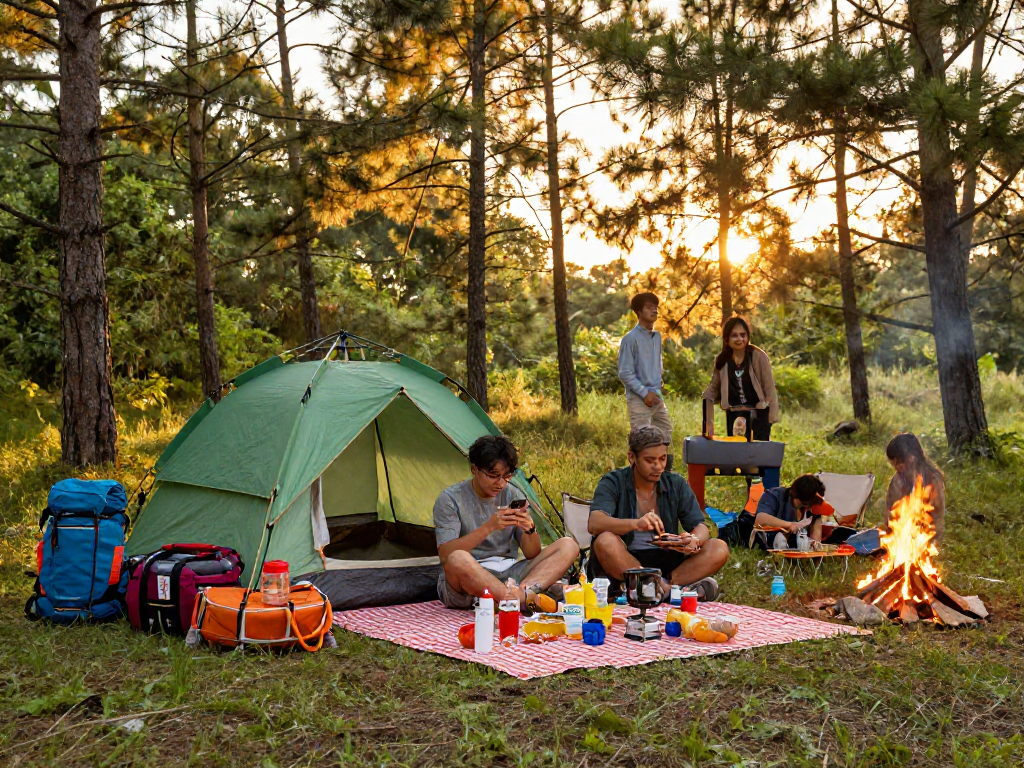 Friends camping in a forest at sunset, checking rokok88 login on smartphone, vibrant outdoor gear.