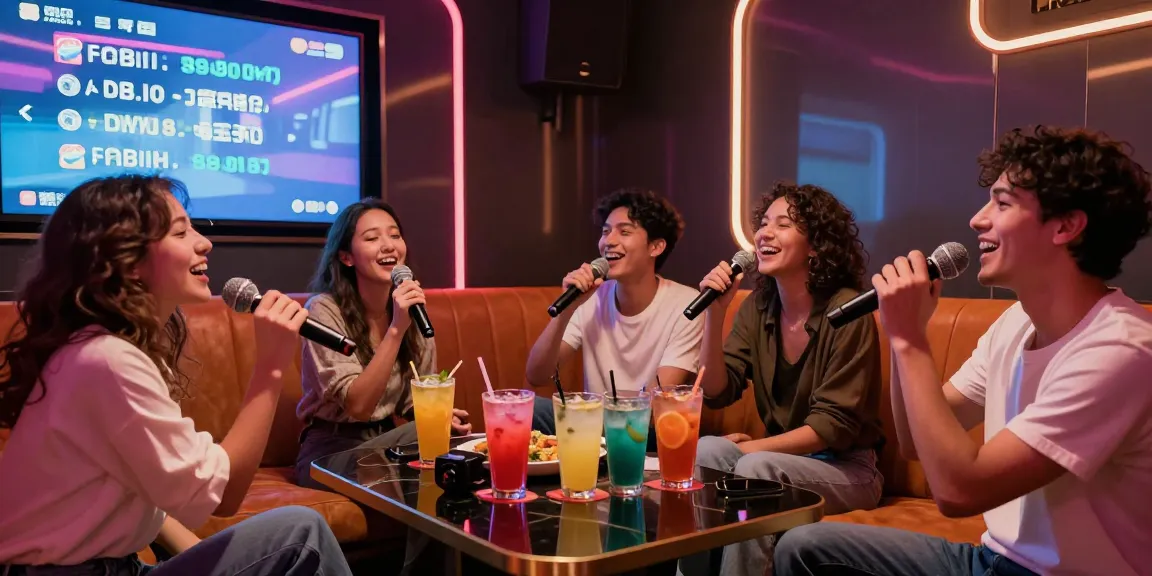 강남가라오케에서 친구들과 함께 즐거운 시간을 보내는 장면, 화려한 조명과 편안한 좌석으로 아늑한 분위기 연출