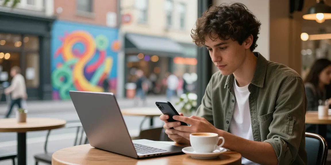 フォロワー購入を検討する若者がカフェでスマートフォンを使うシーン