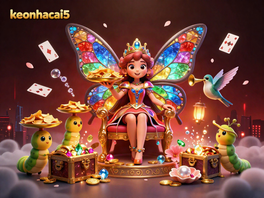 Follow the adventure of keonhacai5 with a vibrant fantasy scene featuring a butterfly queen and treasure.