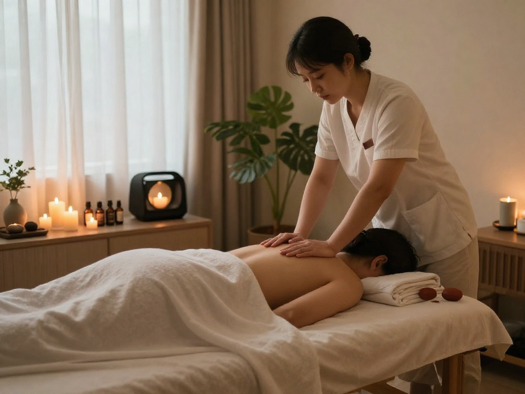 Experience 안양출장안마 in a calming massage therapy room with soft lighting and soothing elements.