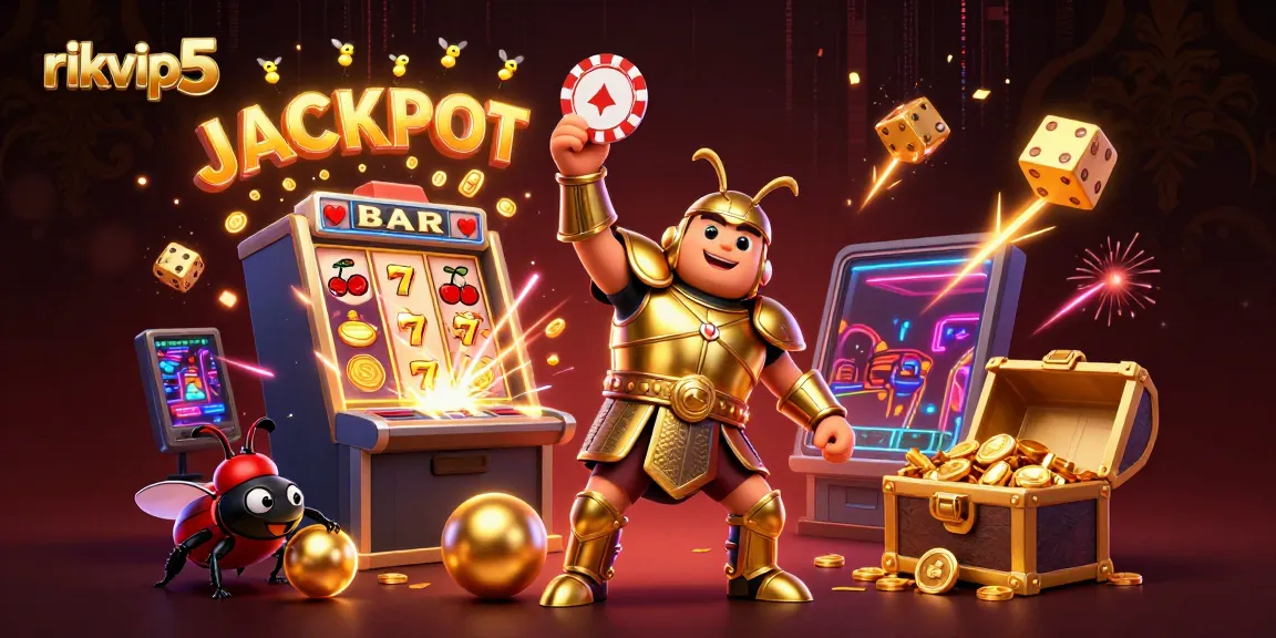Engage with the thrilling world of rikvip5 as a hercules beetle celebrates a big jackpot win in a colorful setting.