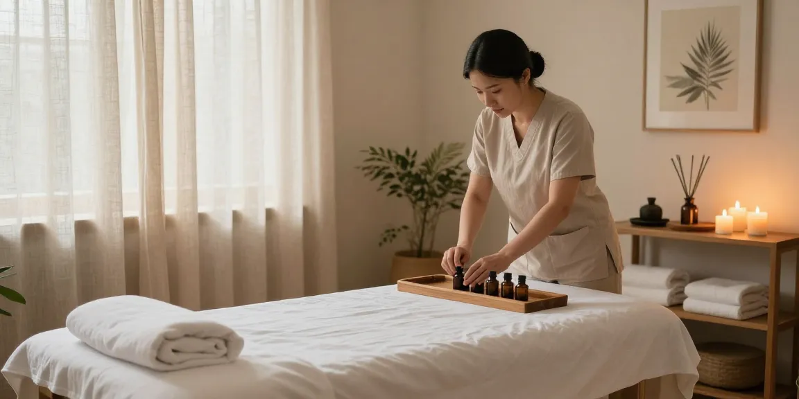 진주마사지 전문 스튜디오에서 아로마 오일을 준비하는 마사지사.