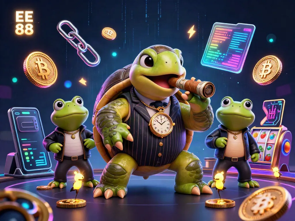 Engage with EE 88 through a vibrant 3D casino scene featuring a snapping turtle and cartoon characters.